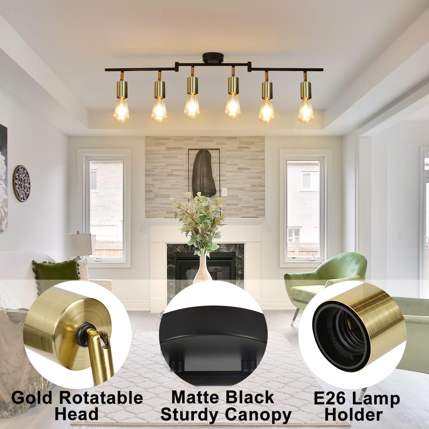 Hurrah Track Lighting Fixture Kit 6-Lights - Black Flexibly Foldable Ceiling Spotlight Modern Semi Flush Mount Ceiling Light for Rustic Industrial Dinging Room Living Room Bedroom Hallway - E26 Base - Image 6