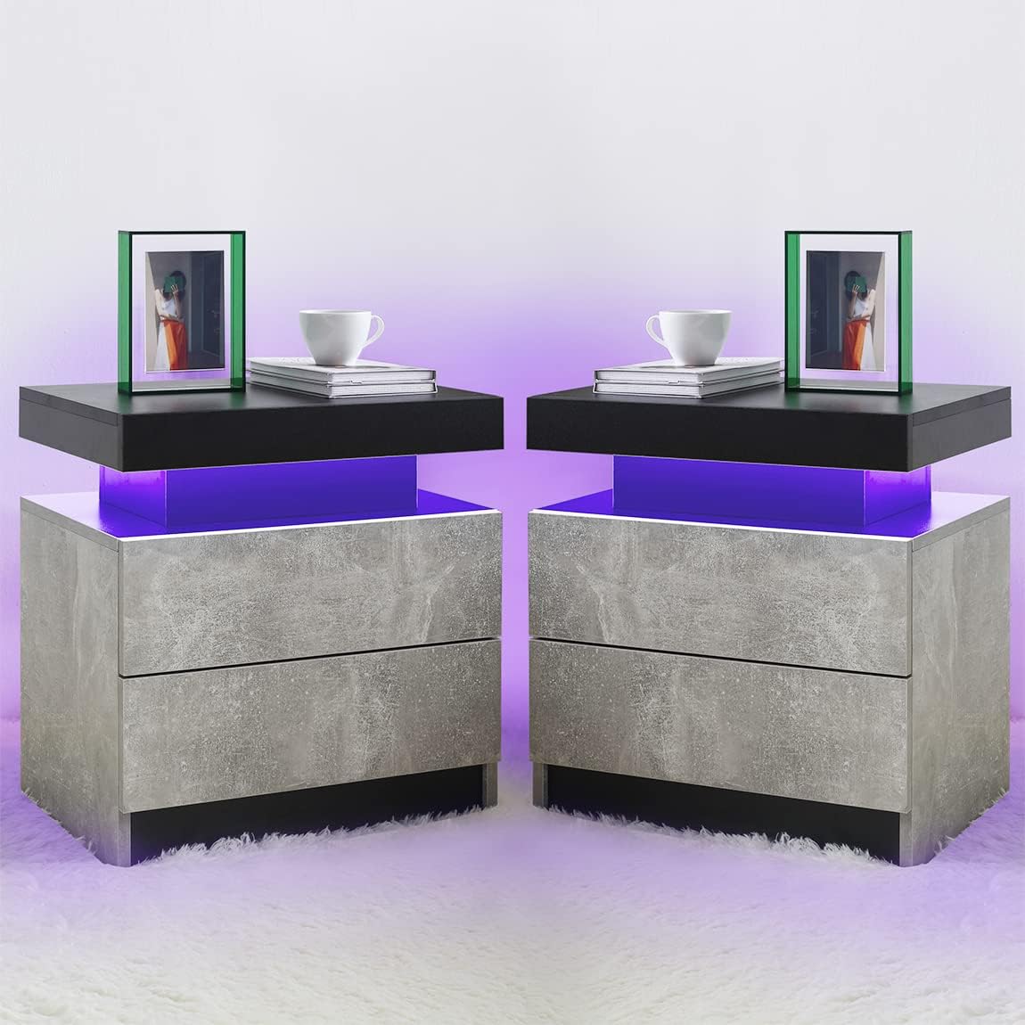 i-aplus Nightstand Set of 2 LED Nightstand with 2 Drawers, Bedside Table with Drawers for Bedroom Furniture, Side Bed Table with LED Light, White\u2026 - Image 10