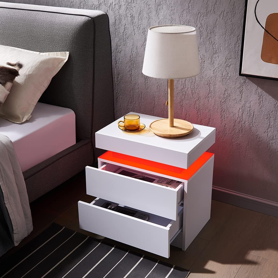 i-aplus Nightstand Set of 2 LED Nightstand with 2 Drawers, Bedside Table with Drawers for Bedroom Furniture, Side Bed Table with LED Light, White\u2026 - Image 5