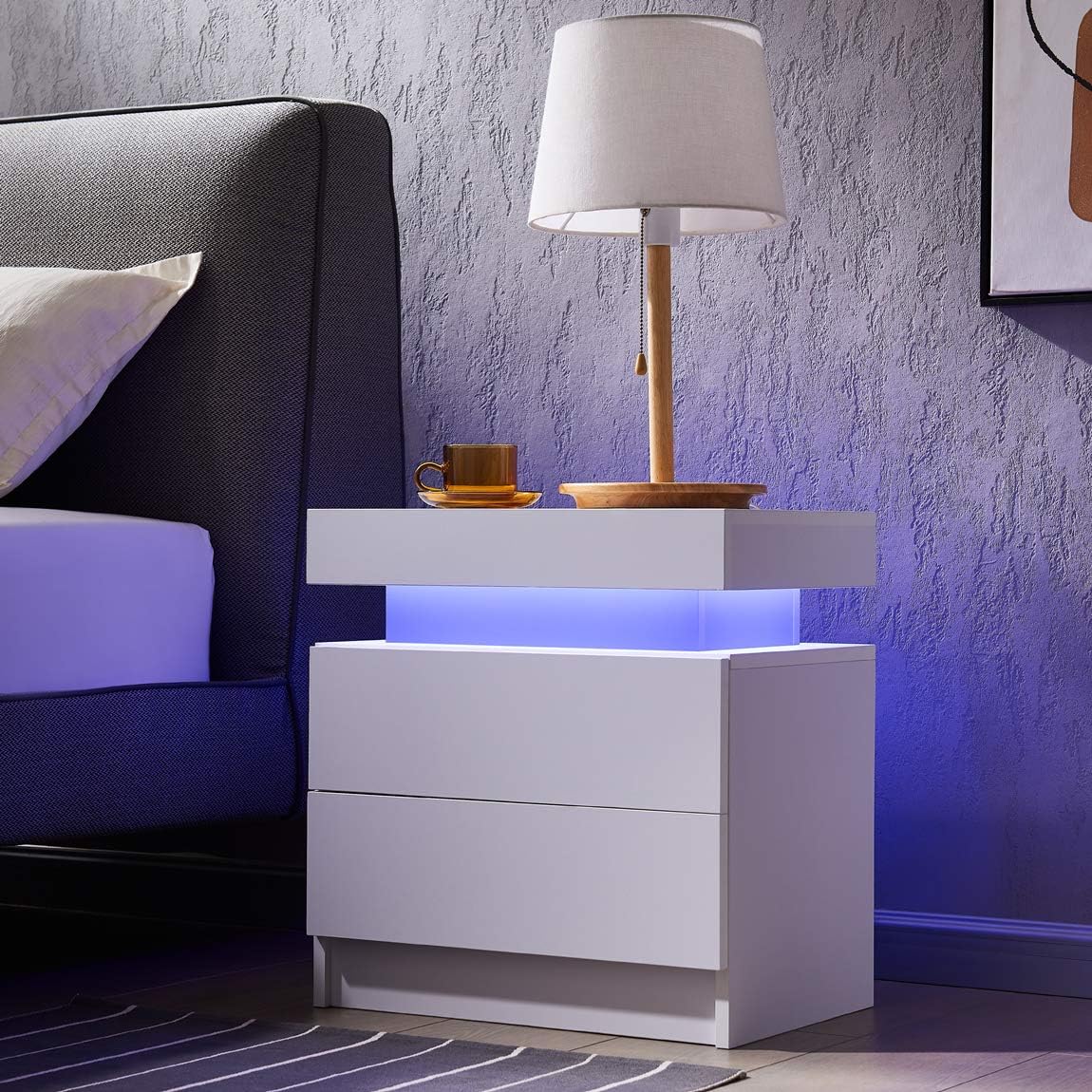 i-aplus Nightstand Set of 2 LED Nightstand with 2 Drawers, Bedside Table with Drawers for Bedroom Furniture, Side Bed Table with LED Light, White\u2026 - Image 3