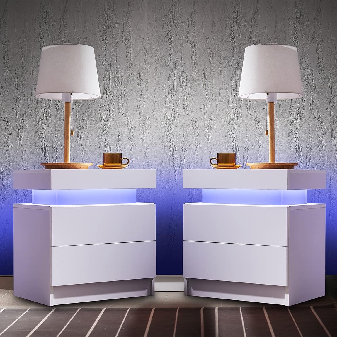 i-aplus Nightstand Set of 2 LED Nightstand with 2 Drawers, Bedside Table with Drawers for Bedroom Furniture, Side Bed Table with LED Light, White\u2026