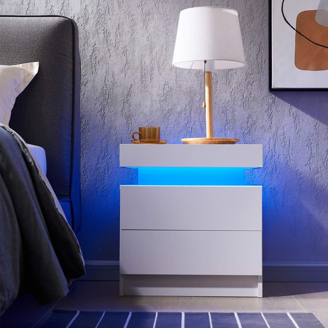 i-aplus Nightstand Set of 2 LED Nightstand with 2 Drawers, Bedside Table with Drawers for Bedroom Furniture, Side Bed Table with LED Light, White\u2026 - Image 4