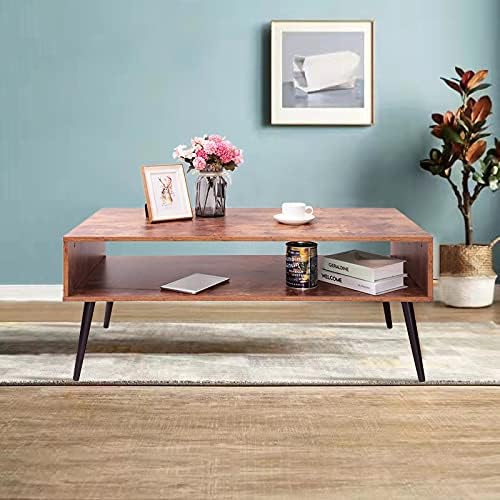 Iwell Mid Century Modern Coffee Table with Storage Shelf for Living Room, Boho Cocktail Table, TV Table, Rectangular Sofa Table, Office Table, Solid Elegant Functional Table, Rustic Brown - Image 3