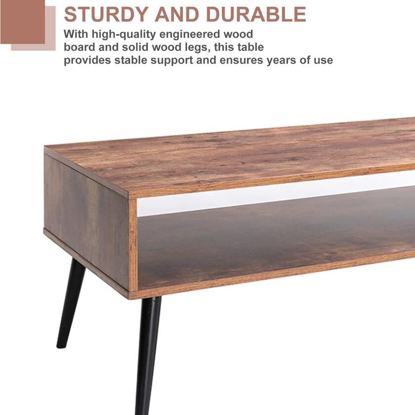 Iwell Mid Century Modern Coffee Table with Storage Shelf for Living Room, Boho Cocktail Table, TV Table, Rectangular Sofa Table, Office Table, Solid Elegant Functional Table, Rustic Brown - Image 5