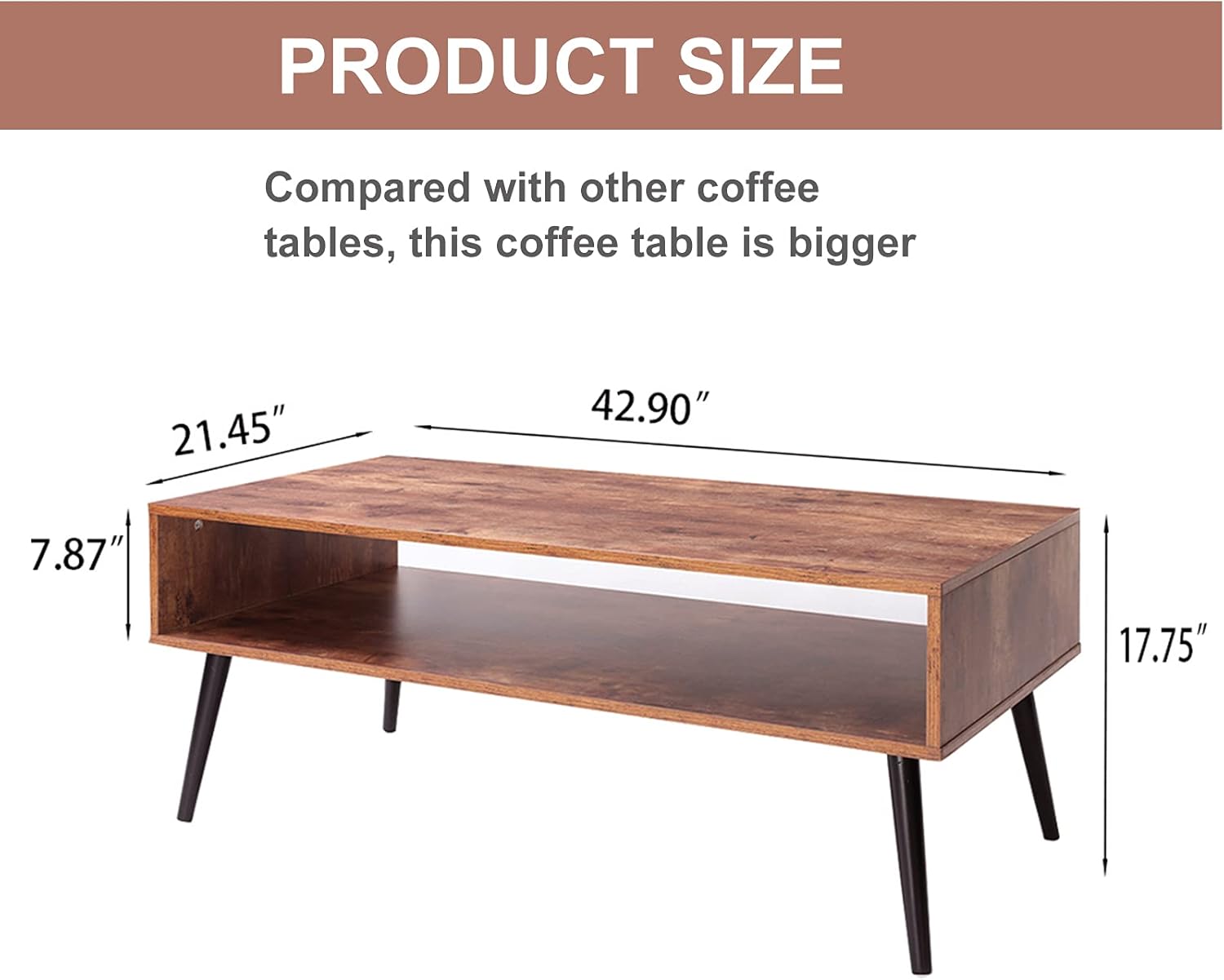 Iwell Mid Century Modern Coffee Table with Storage Shelf for Living Room, Boho Cocktail Table, TV Table, Rectangular Sofa Table, Office Table, Solid Elegant Functional Table, Rustic Brown - Image 2