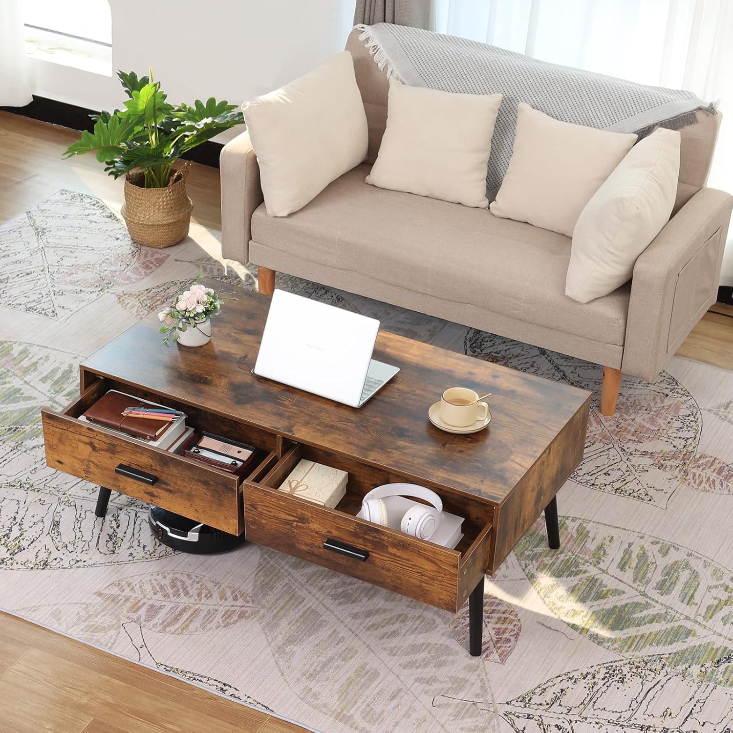 Iwell Mid Century Modern Coffee Table with Storage Shelf for Living Room, Boho Cocktail Table, TV Table, Rectangular Sofa Table, Office Table, Solid Elegant Functional Table, Rustic Brown - Image 18