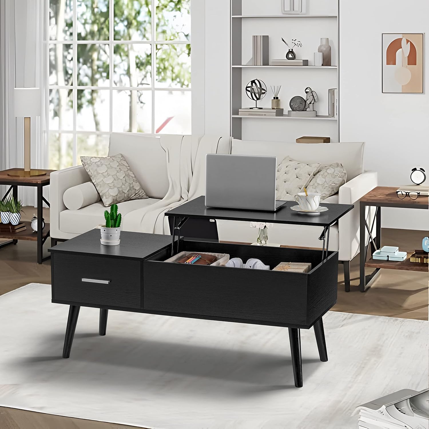 Iwell Mid Century Modern Coffee Table with Storage Shelf for Living Room, Boho Cocktail Table, TV Table, Rectangular Sofa Table, Office Table, Solid Elegant Functional Table, Rustic Brown - Image 15