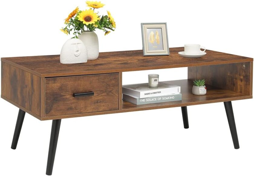 Iwell Mid Century Modern Coffee Table with Storage Shelf for Living Room, Boho Cocktail Table, TV Table, Rectangular Sofa Table, Office Table, Solid Elegant Functional Table, Rustic Brown - Image 13