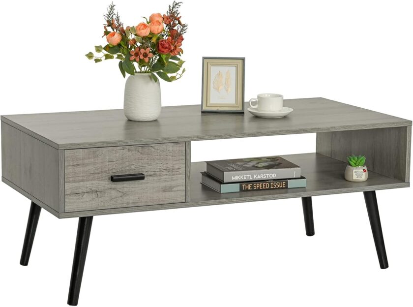 Iwell Mid Century Modern Coffee Table with Storage Shelf for Living Room, Boho Cocktail Table, TV Table, Rectangular Sofa Table, Office Table, Solid Elegant Functional Table, Rustic Brown - Image 9