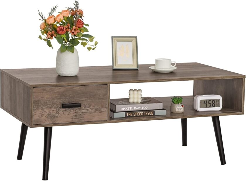 Iwell Mid Century Modern Coffee Table with Storage Shelf for Living Room, Boho Cocktail Table, TV Table, Rectangular Sofa Table, Office Table, Solid Elegant Functional Table, Rustic Brown - Image 16
