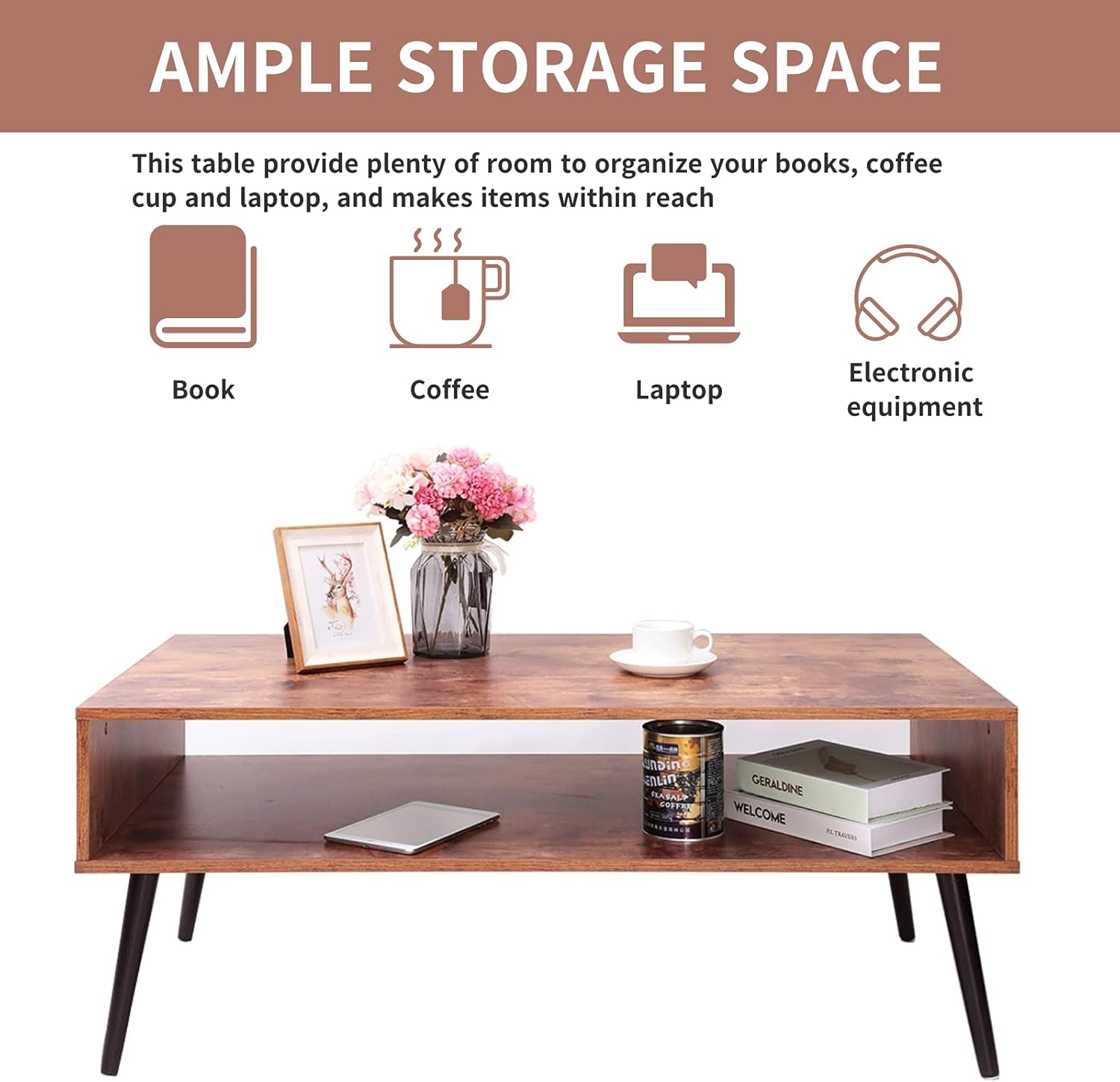 Iwell Mid Century Modern Coffee Table with Storage Shelf for Living Room, Boho Cocktail Table, TV Table, Rectangular Sofa Table, Office Table, Solid Elegant Functional Table, Rustic Brown - Image 4