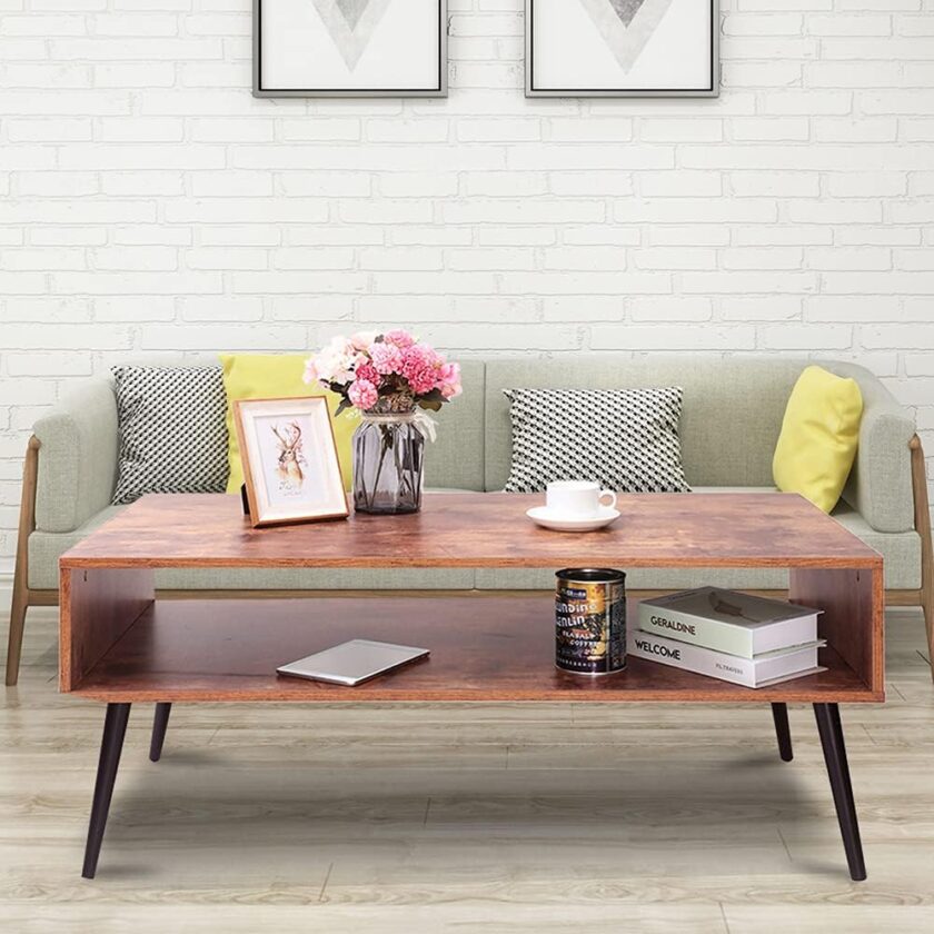 Iwell Mid Century Modern Coffee Table with Storage Shelf for Living Room, Boho Cocktail Table, TV Table, Rectangular Sofa Table, Office Table, Solid Elegant Functional Table, Rustic Brown