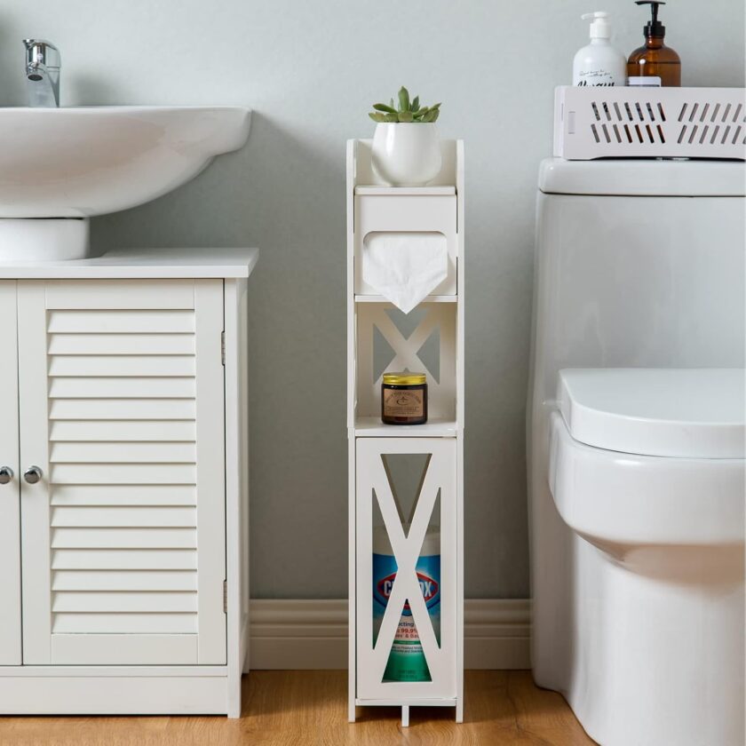 J JINXIAMU Small Bathroom Storage,Bathroom Storage Cabinet with Toilet Paper Holder Insert,Bathroom Stand for Small Space,White