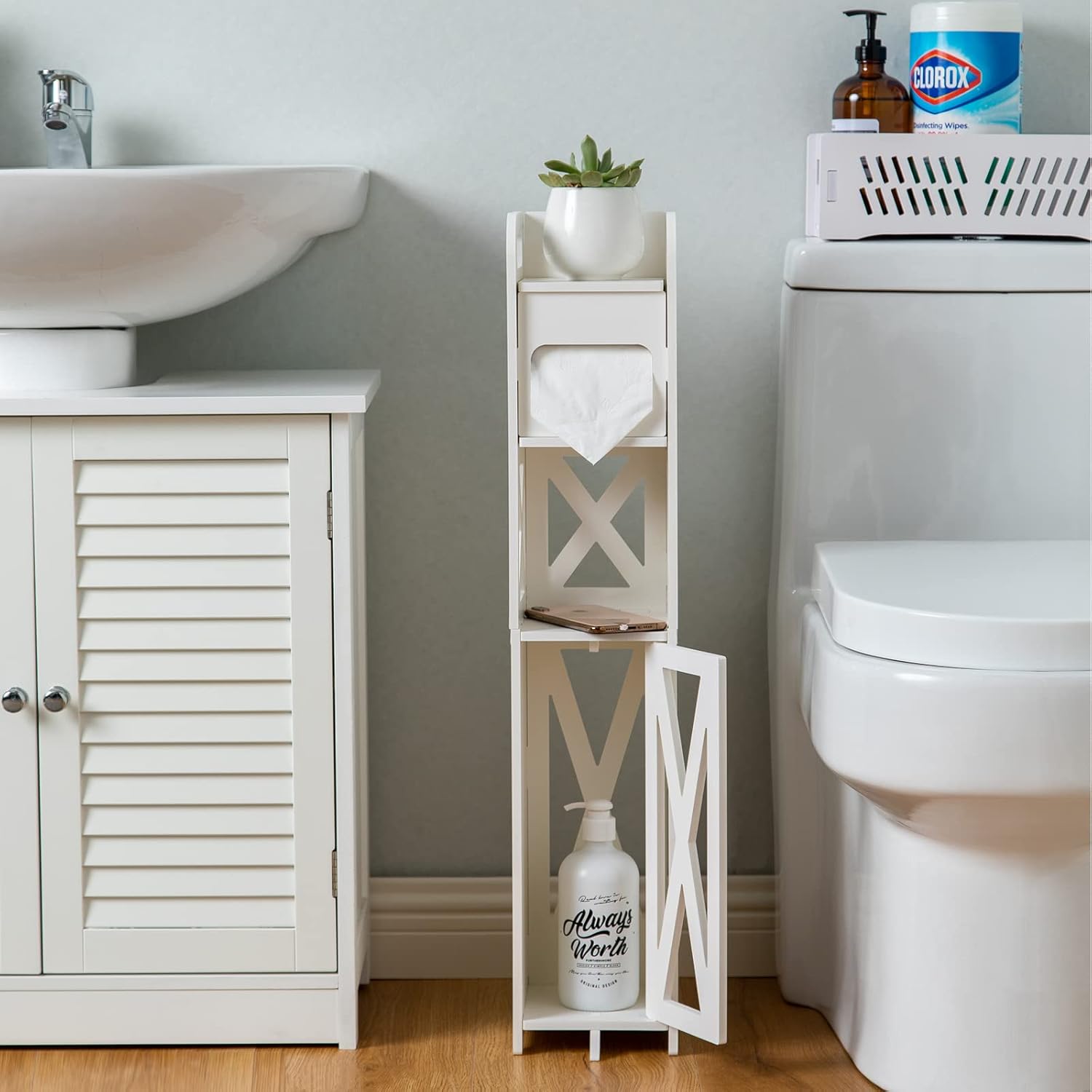 J JINXIAMU Small Bathroom Storage,Bathroom Storage Cabinet with Toilet Paper Holder Insert,Bathroom Stand for Small Space,White - Image 2