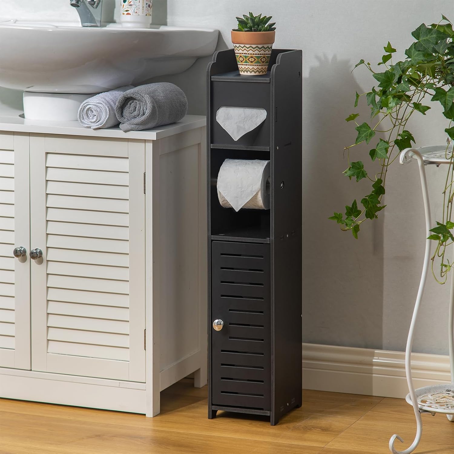 J JINXIAMU Small Bathroom Storage,Bathroom Storage Cabinet with Toilet Paper Holder Insert,Bathroom Stand for Small Space,White - Image 7