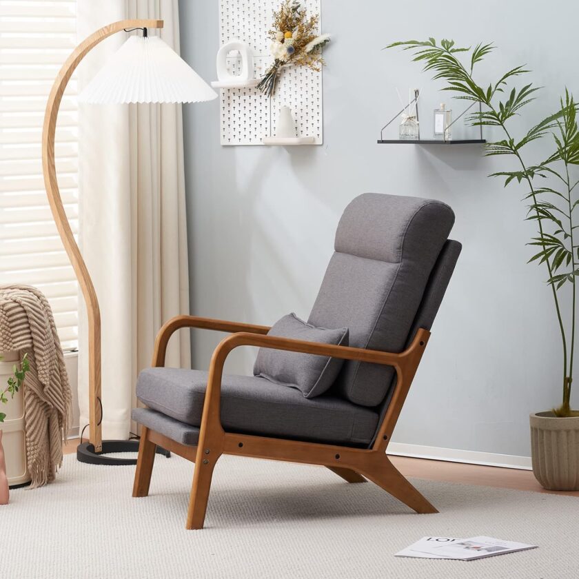 JOYBASE Lounge Accent Chair, Mid Century Modern Chair, High Back Chair, Wood Frame Armchair, Comfy Reading Chair for Living Room, Office, Bedroom (Dark Grey, Fabric) - Image 9