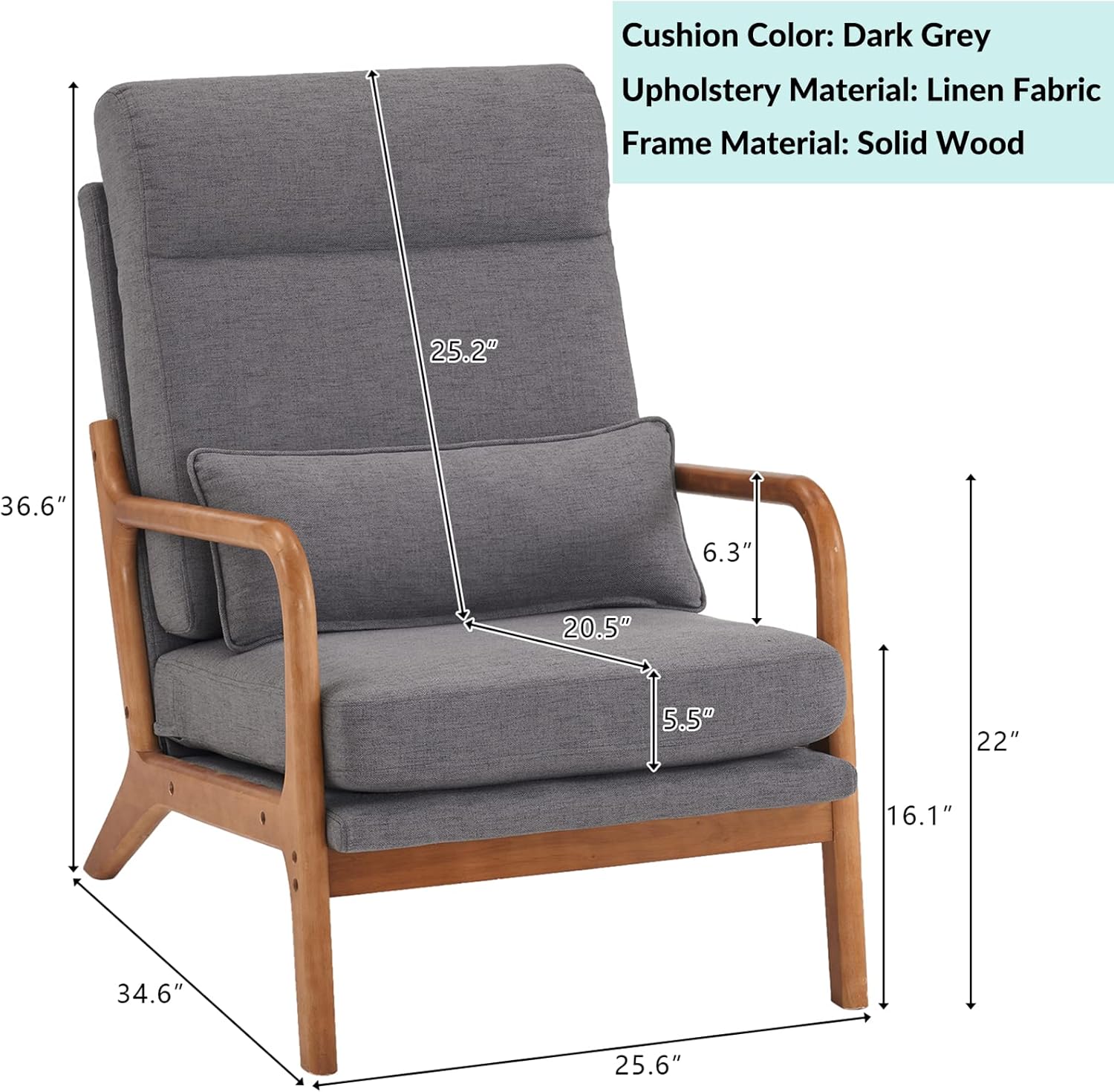 JOYBASE Lounge Accent Chair, Mid Century Modern Chair, High Back Chair, Wood Frame Armchair, Comfy Reading Chair for Living Room, Office, Bedroom (Dark Grey, Fabric) - Image 2