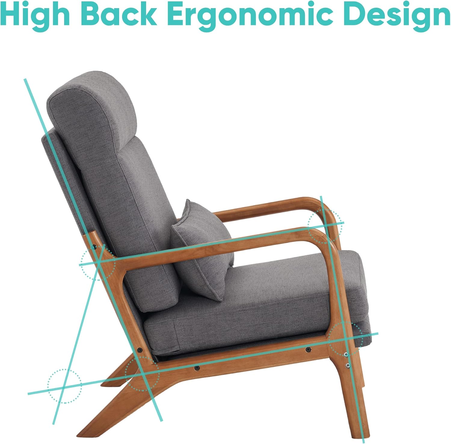 JOYBASE Lounge Accent Chair, Mid Century Modern Chair, High Back Chair, Wood Frame Armchair, Comfy Reading Chair for Living Room, Office, Bedroom (Dark Grey, Fabric) - Image 3