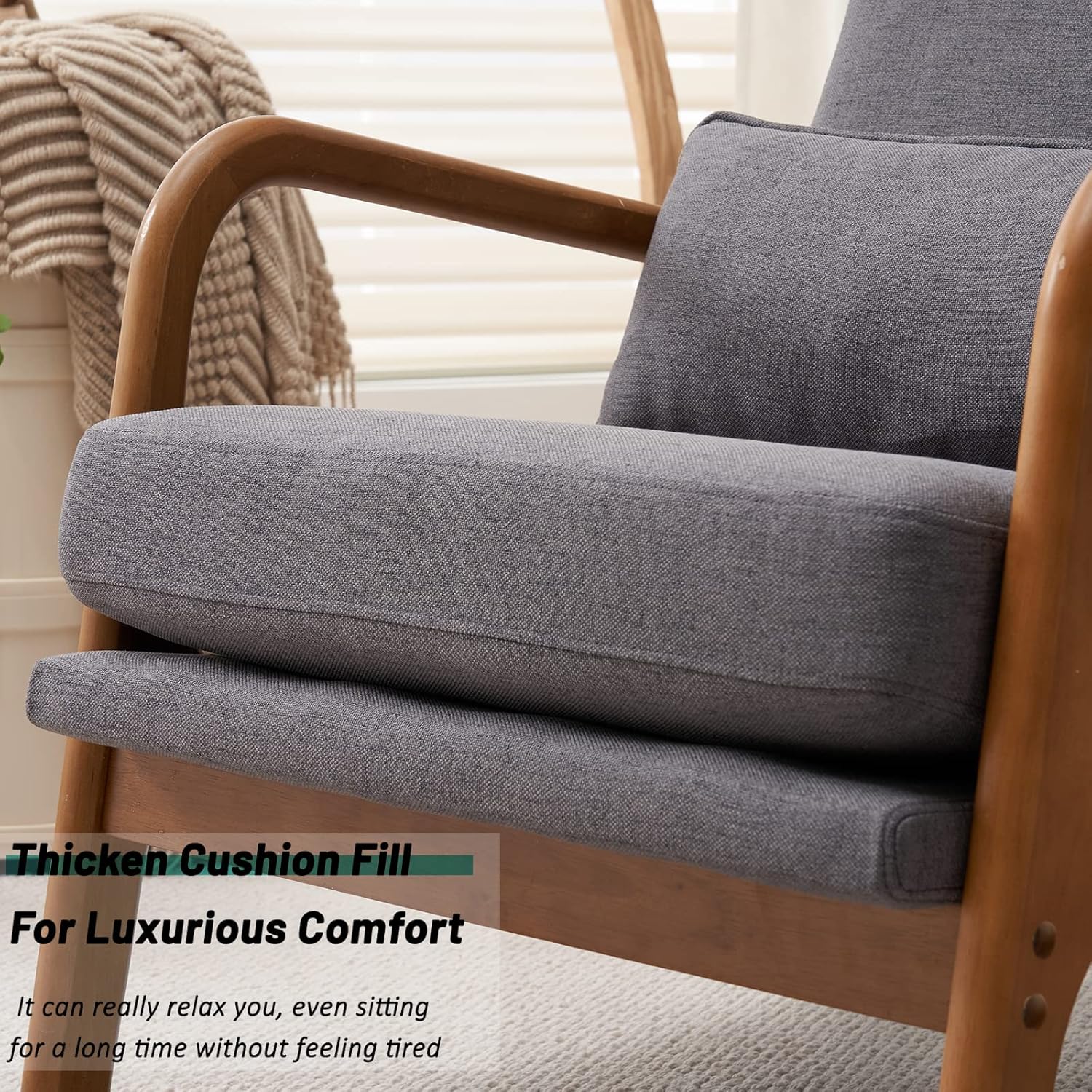 JOYBASE Lounge Accent Chair, Mid Century Modern Chair, High Back Chair, Wood Frame Armchair, Comfy Reading Chair for Living Room, Office, Bedroom (Dark Grey, Fabric) - Image 4
