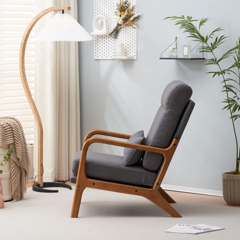 JOYBASE Lounge Accent Chair, Mid Century Modern Chair, High Back Chair, Wood Frame Armchair, Comfy Reading Chair for Living Room, Office, Bedroom (Dark Grey, Fabric) - Image 5