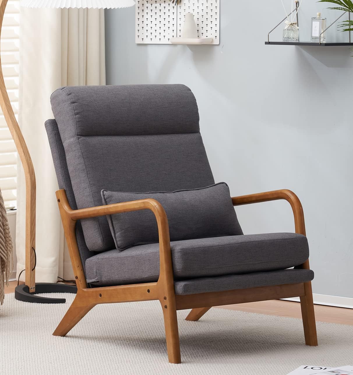 JOYBASE Lounge Accent Chair, Mid Century Modern Chair, High Back Chair, Wood Frame Armchair, Comfy Reading Chair for Living Room, Office, Bedroom (Dark Grey, Fabric)