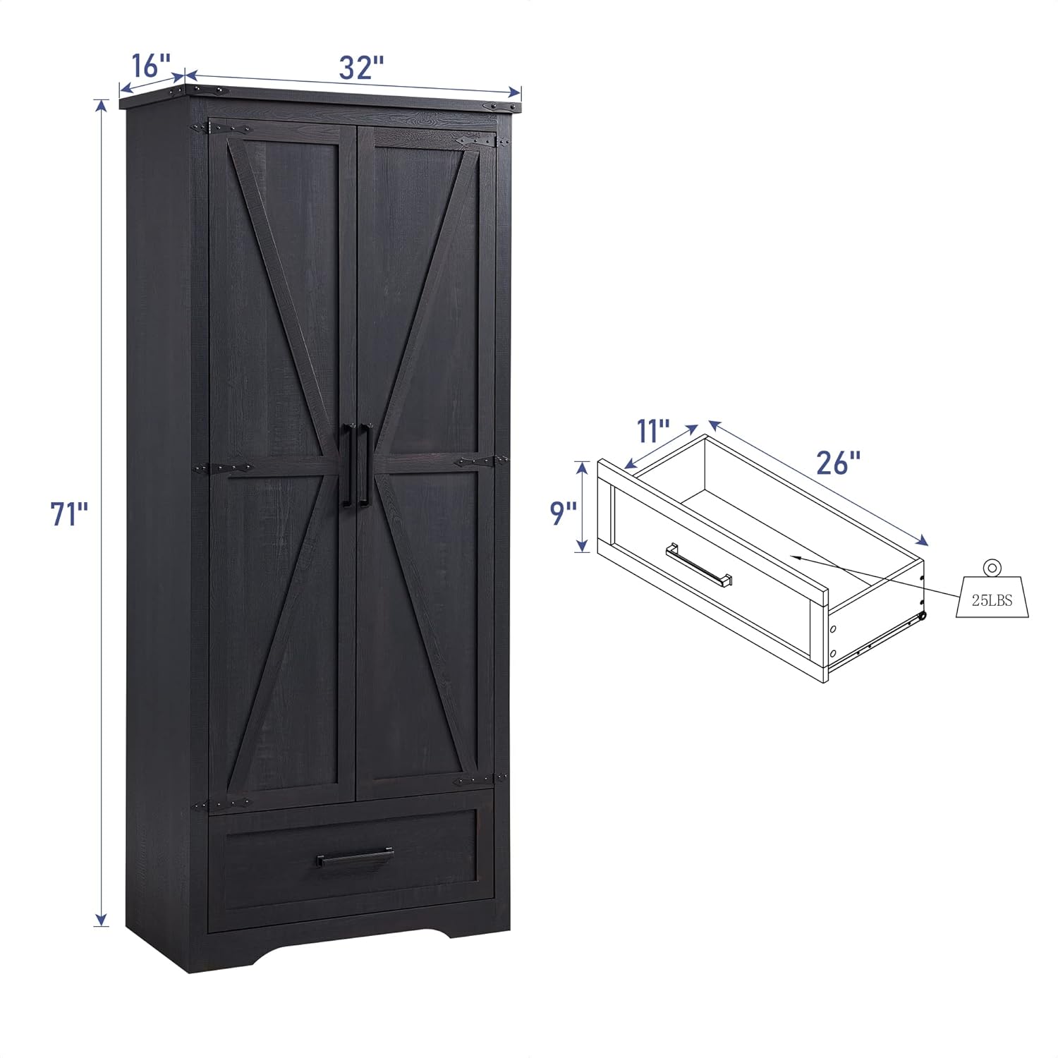 JXQTLINGMU Farmhouse Storage Cabinet with Adjustable Shelves, Bathroom Storage Cabinet with Drawer & 2 Barn Doors, Versatile Storage for Bathroom, Laundry Room, Living Room, Kitchen, Black - Image 2