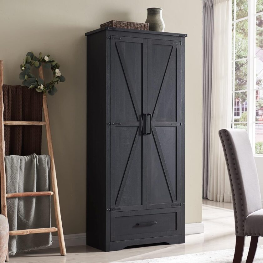 JXQTLINGMU Farmhouse Storage Cabinet with Adjustable Shelves, Bathroom Storage Cabinet with Drawer & 2 Barn Doors, Versatile Storage for Bathroom, Laundry Room, Living Room, Kitchen, Black