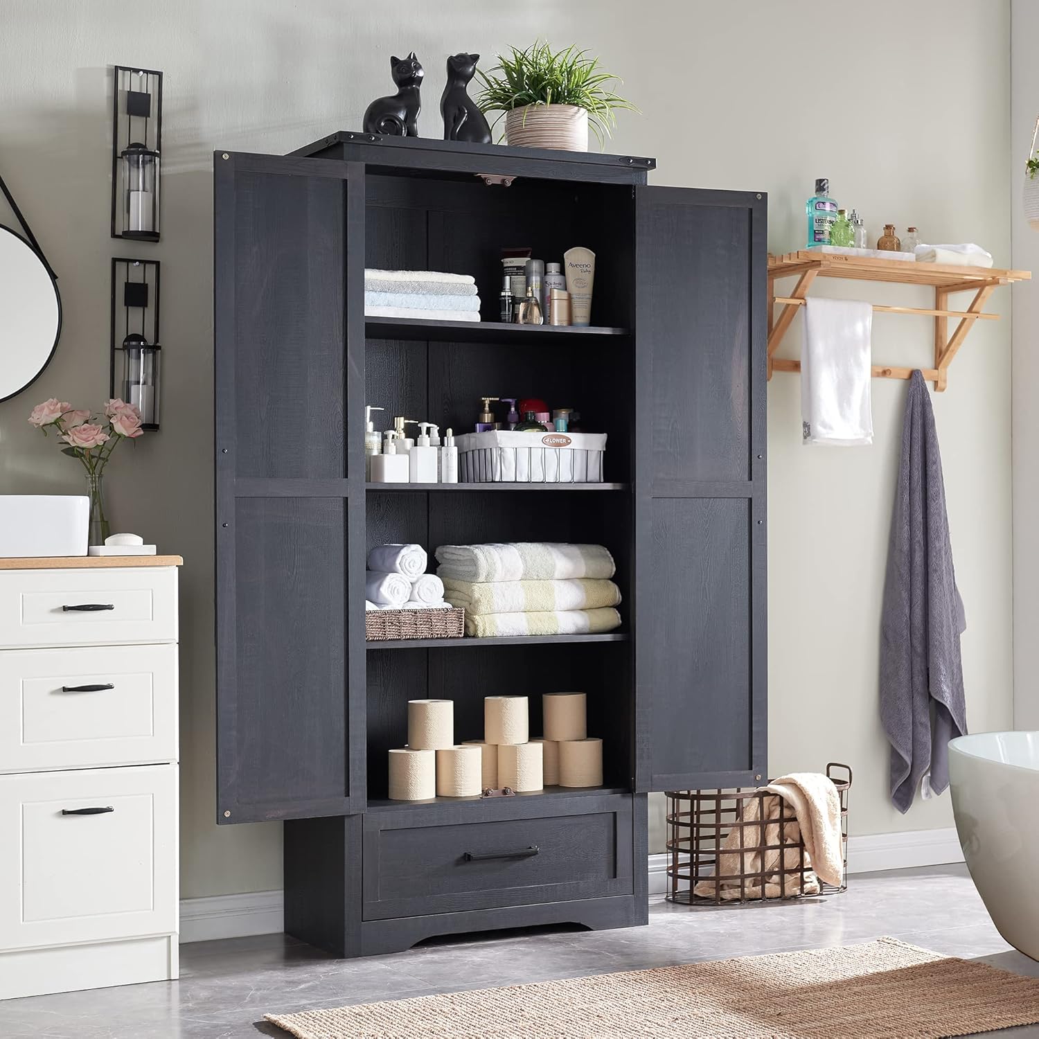 JXQTLINGMU Farmhouse Storage Cabinet with Adjustable Shelves, Bathroom Storage Cabinet with Drawer & 2 Barn Doors, Versatile Storage for Bathroom, Laundry Room, Living Room, Kitchen, Black - Image 7