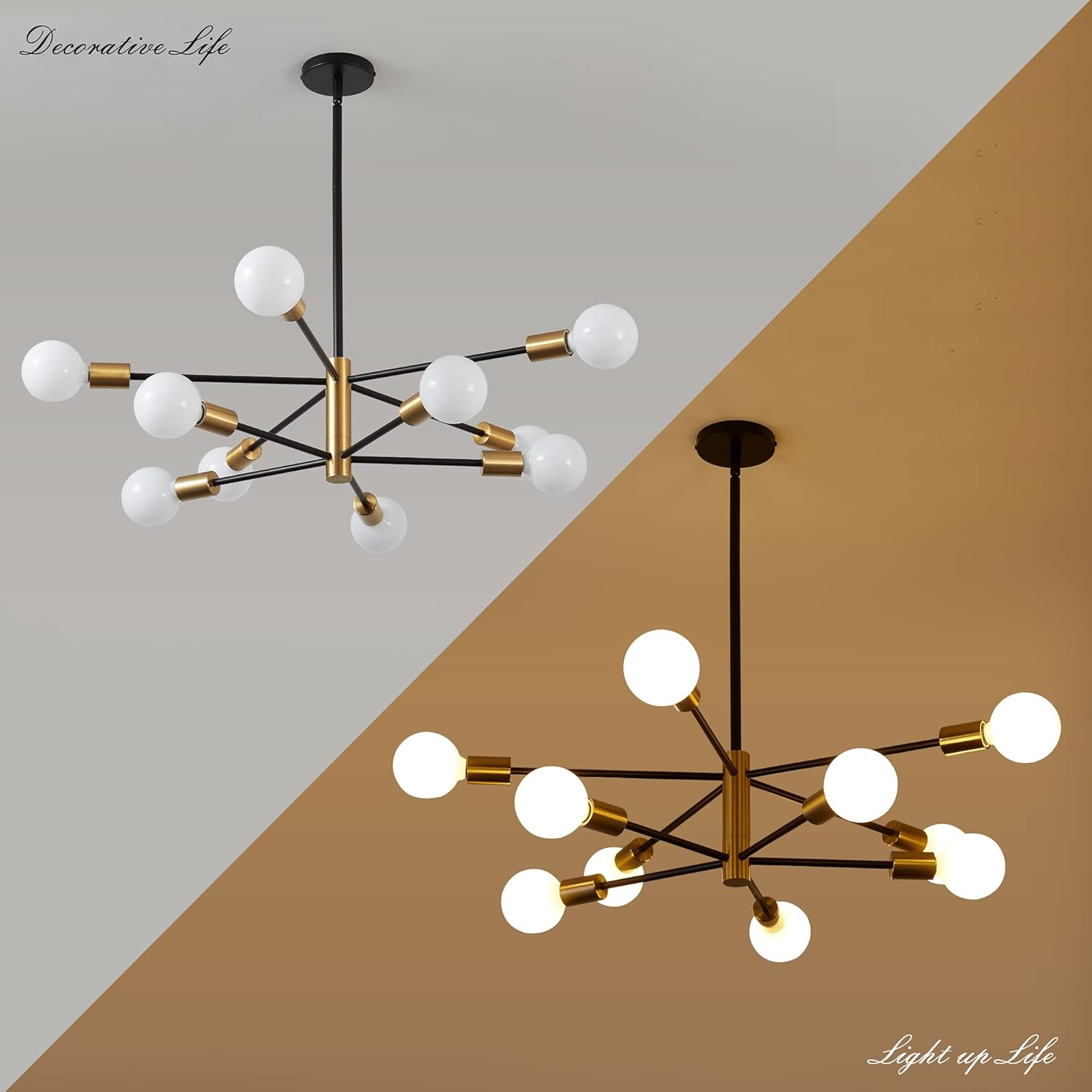 KAISITE Modern Sputnik Chandelier - 10-Light Ceiling Light Fixture Black and Gold Chandelier Height Adjustable Mid Century Pendant Sputnik Lighting for Dining Room Living Room Bedroom Farmhouse - Image 7
