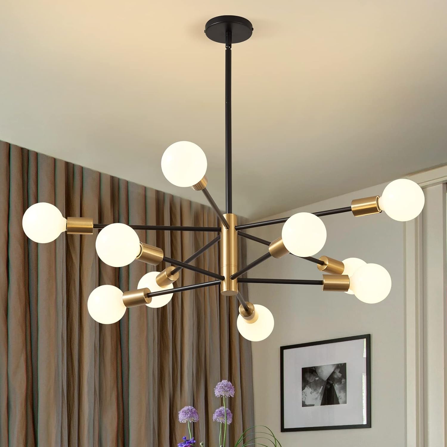 KAISITE Modern Sputnik Chandelier - 10-Light Ceiling Light Fixture Black and Gold Chandelier Height Adjustable Mid Century Pendant Sputnik Lighting for Dining Room Living Room Bedroom Farmhouse