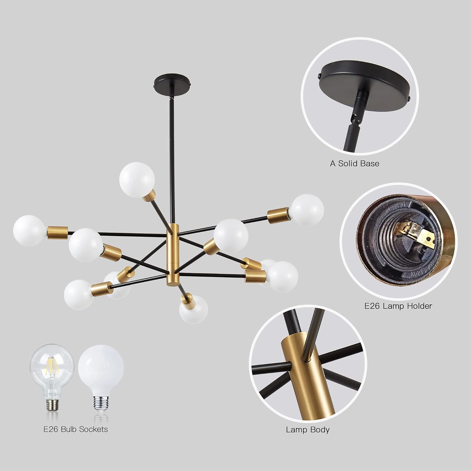 KAISITE Modern Sputnik Chandelier - 10-Light Ceiling Light Fixture Black and Gold Chandelier Height Adjustable Mid Century Pendant Sputnik Lighting for Dining Room Living Room Bedroom Farmhouse - Image 5