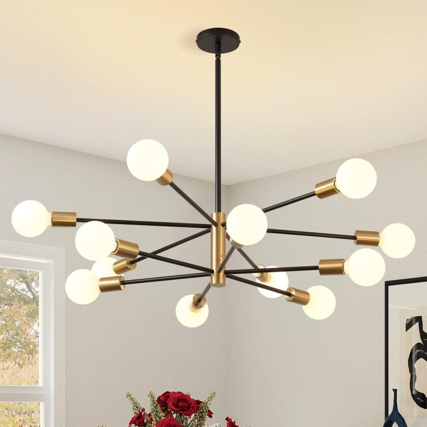 KAISITE Modern Sputnik Chandelier - 10-Light Ceiling Light Fixture Black and Gold Chandelier Height Adjustable Mid Century Pendant Sputnik Lighting for Dining Room Living Room Bedroom Farmhouse - Image 10