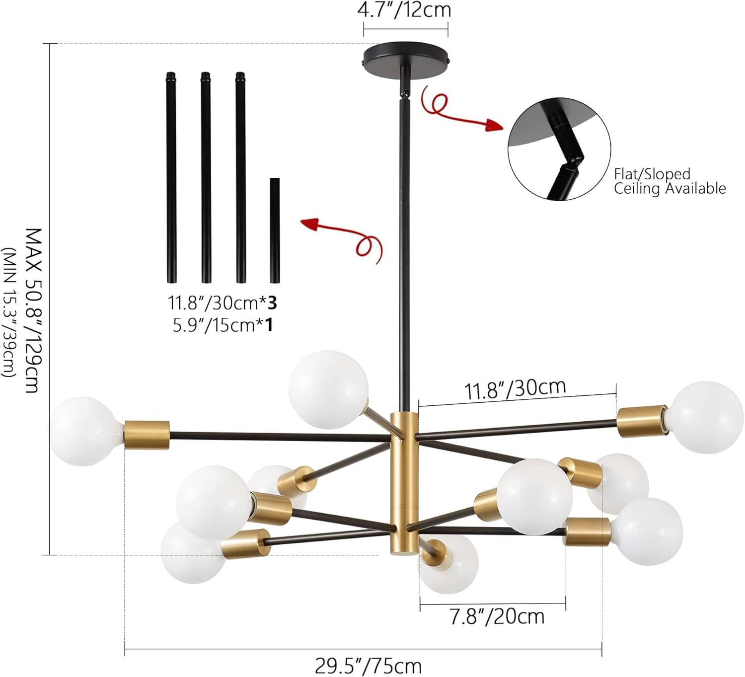 KAISITE Modern Sputnik Chandelier - 10-Light Ceiling Light Fixture Black and Gold Chandelier Height Adjustable Mid Century Pendant Sputnik Lighting for Dining Room Living Room Bedroom Farmhouse - Image 2