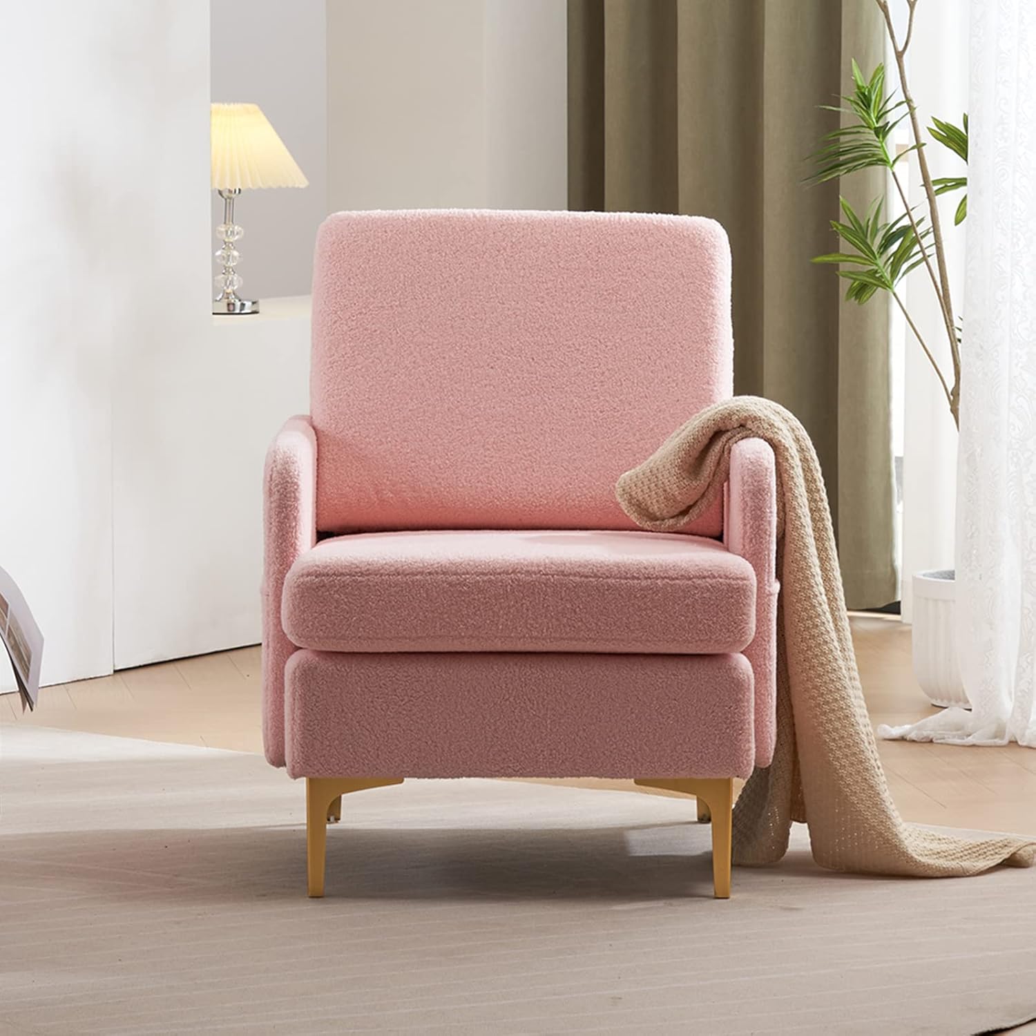 Karl home Accent Chair Upholstered Sofa Chair Teddy Fleece Modern Armchair Mid-Century Living Room Furniture, Pink - Image 3
