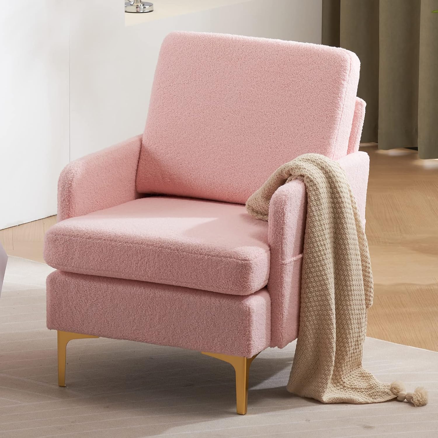 Karl home Accent Chair Upholstered Sofa Chair Teddy Fleece Modern Armchair Mid-Century Living Room Furniture, Pink