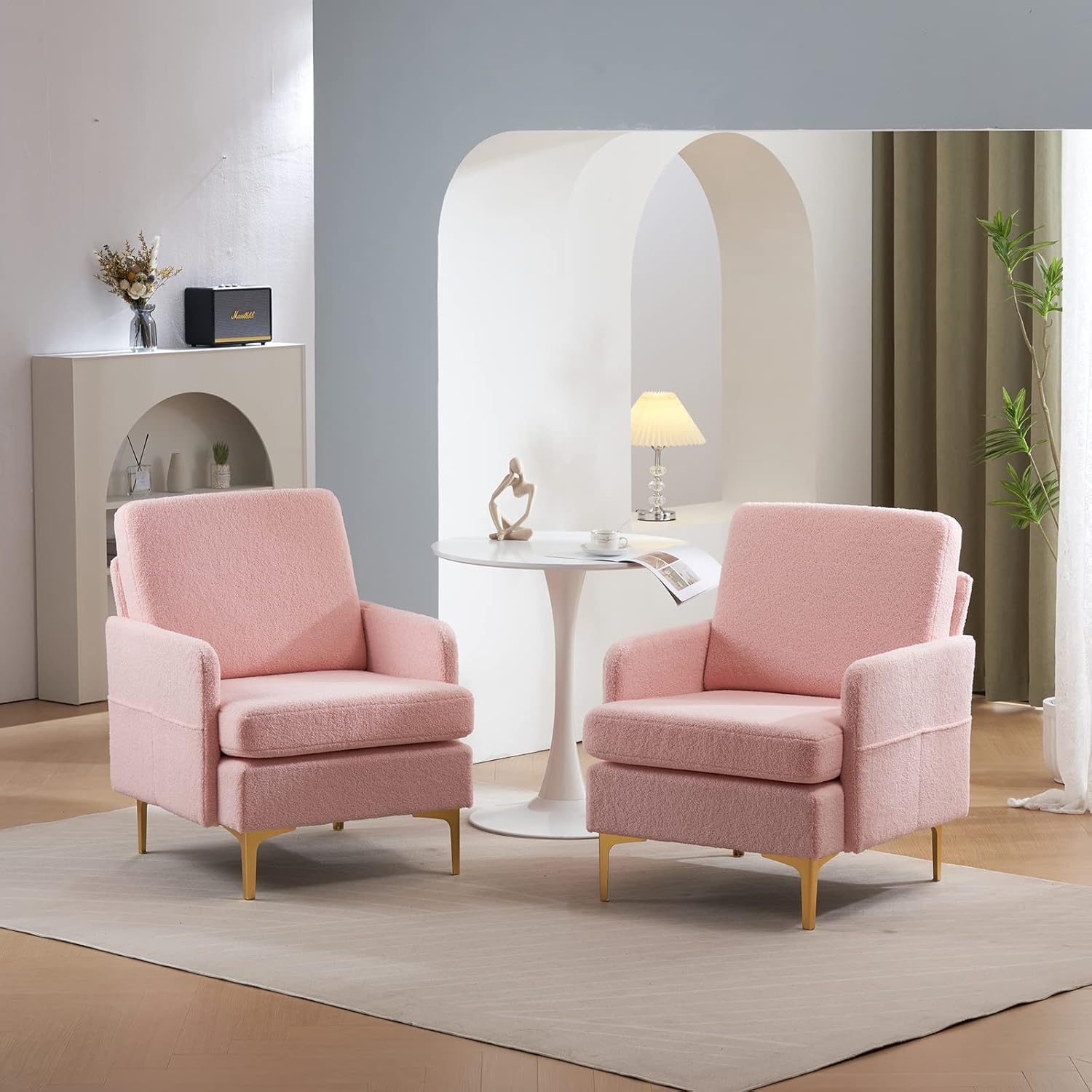 Karl home Accent Chair Upholstered Sofa Chair Teddy Fleece Modern Armchair Mid-Century Living Room Furniture, Pink - Image 6