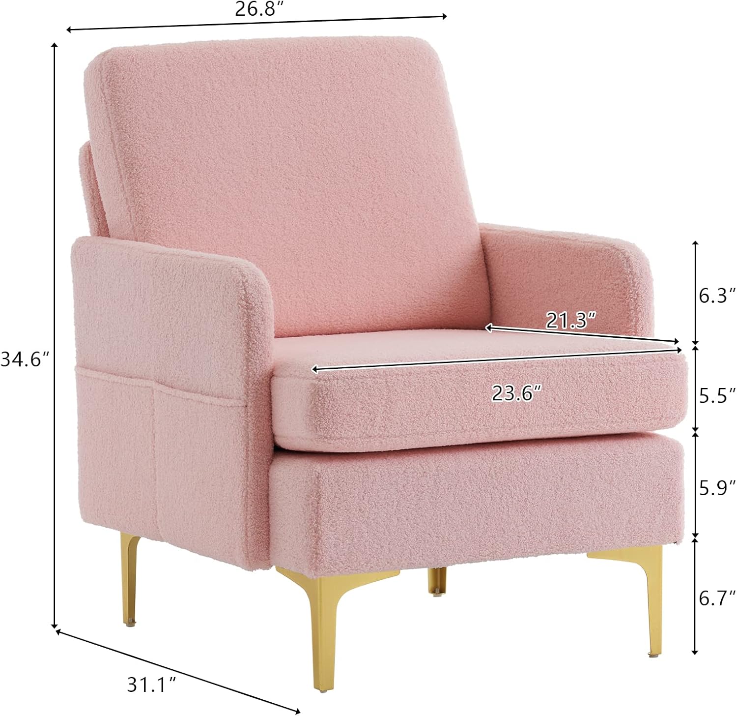 Karl home Accent Chair Upholstered Sofa Chair Teddy Fleece Modern Armchair Mid-Century Living Room Furniture, Pink - Image 2