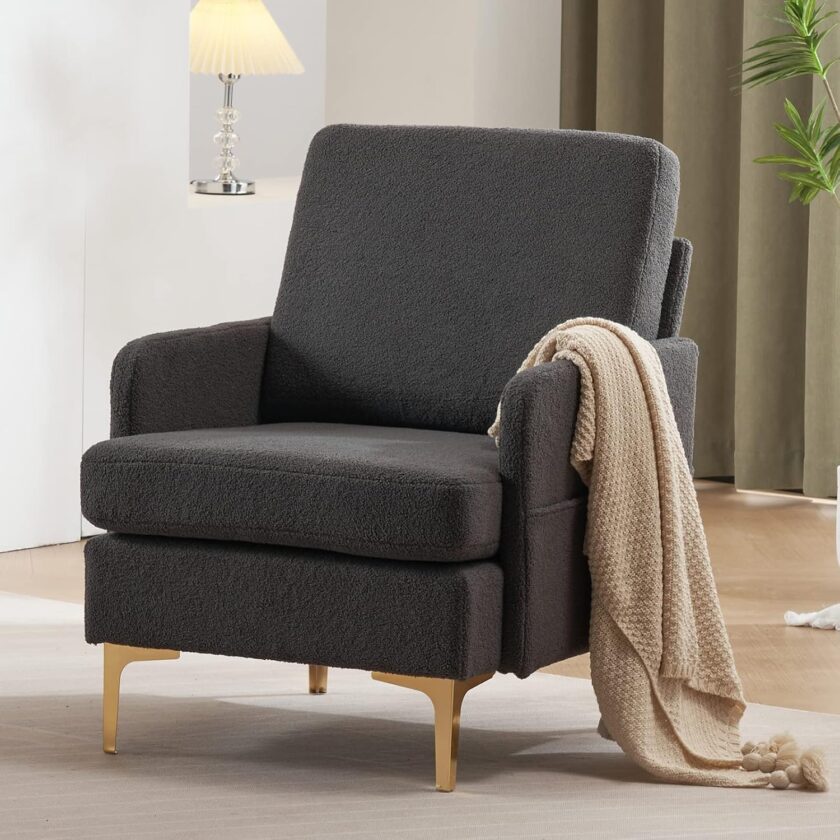 Karl home Accent Chair Upholstered Sofa Chair Teddy Fleece Modern Armchair Mid-Century Living Room Furniture, Pink - Image 7