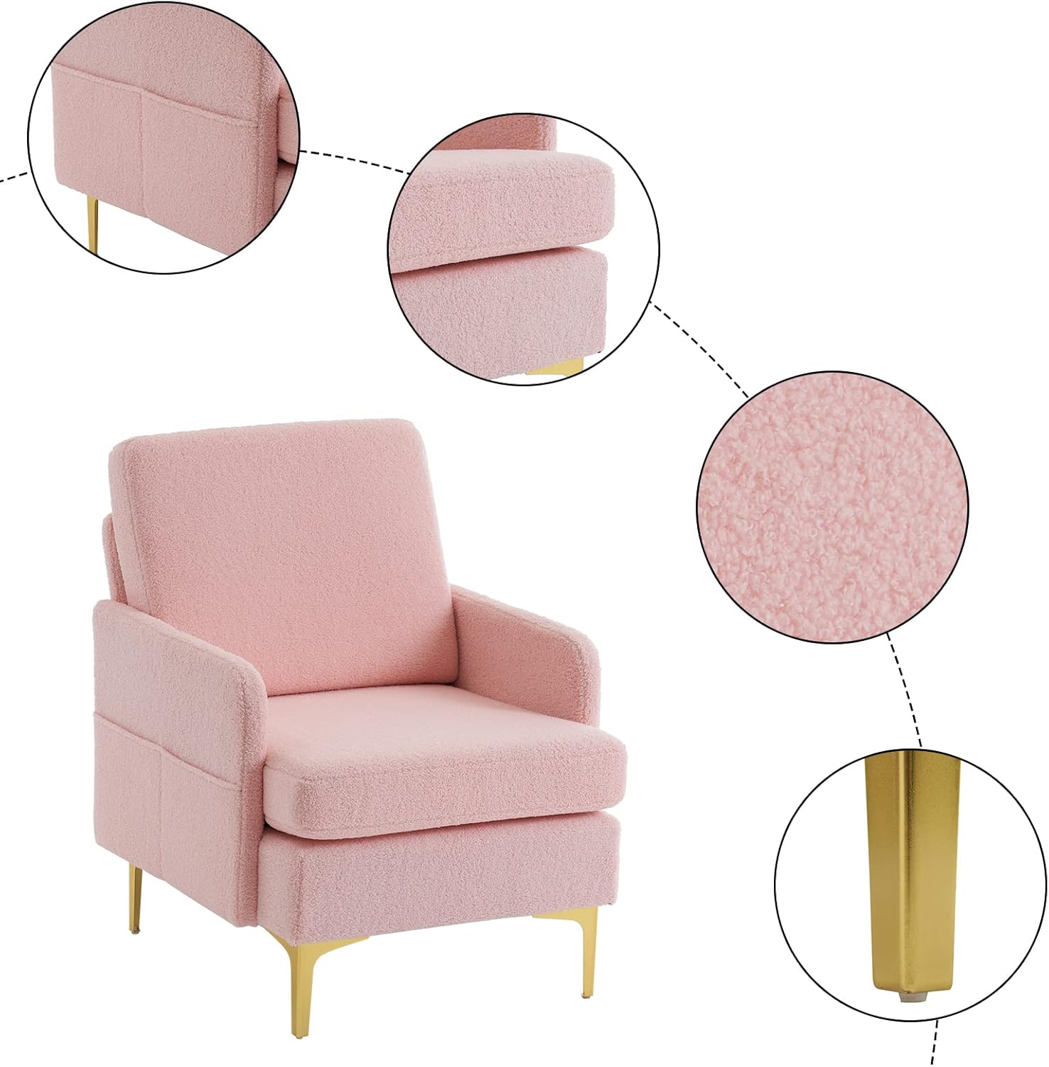 Karl home Accent Chair Upholstered Sofa Chair Teddy Fleece Modern Armchair Mid-Century Living Room Furniture, Pink - Image 5