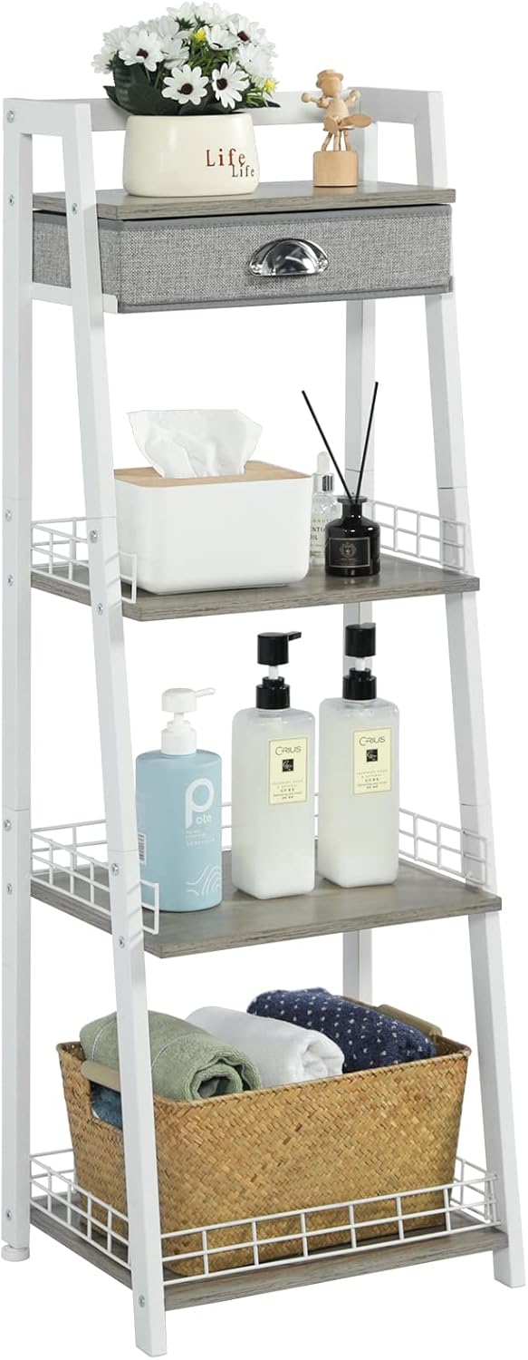keomaisyto 3-Tier Bathroom Ladder Shelf, Bathroom Floor Storage Shelf with Drawer, Freestanding Tower Shelf, Open Shelving Unit for Bathroom Living Room Balcony - Image 10
