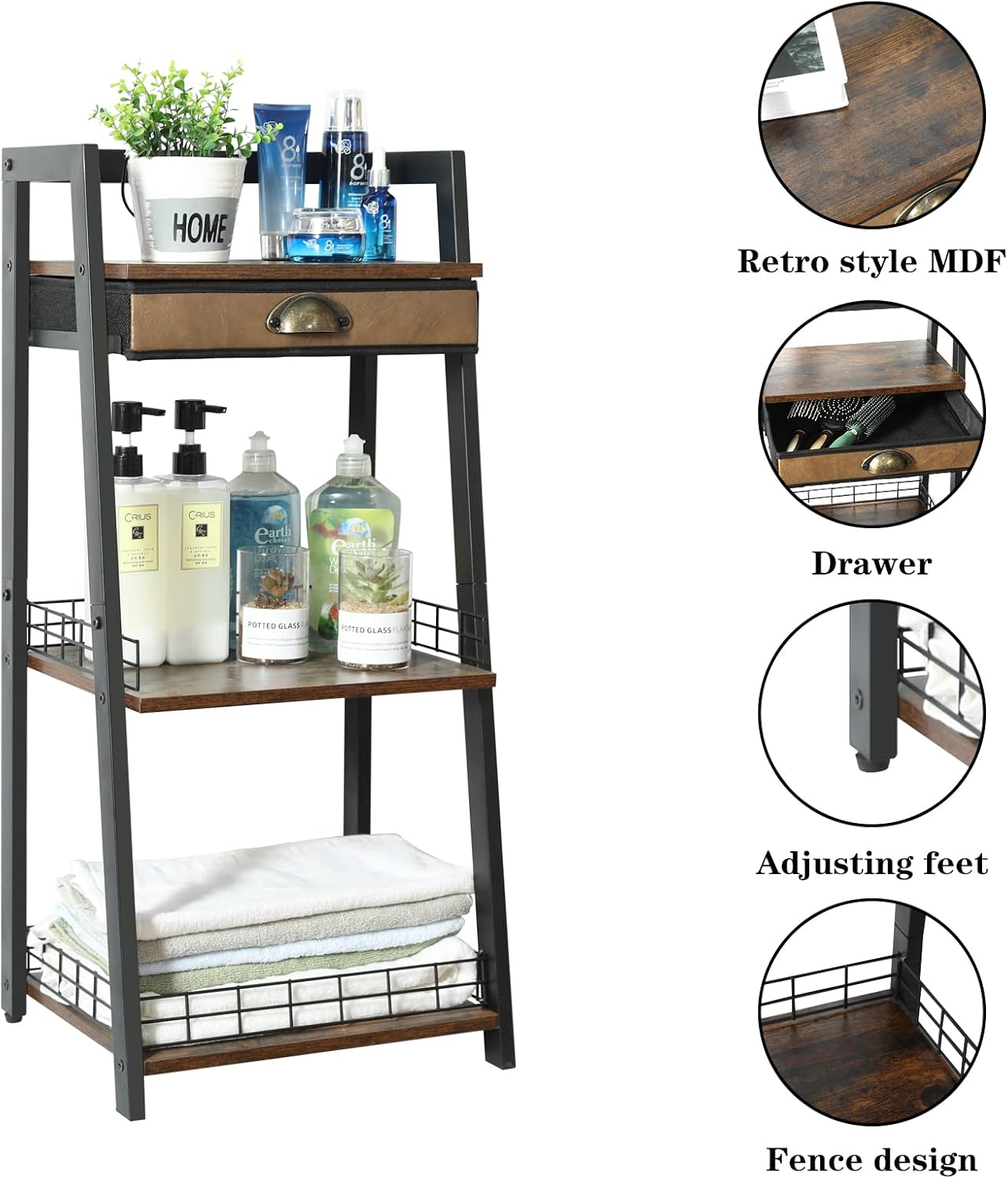 keomaisyto 3-Tier Bathroom Ladder Shelf, Bathroom Floor Storage Shelf with Drawer, Freestanding Tower Shelf, Open Shelving Unit for Bathroom Living Room Balcony - Image 4