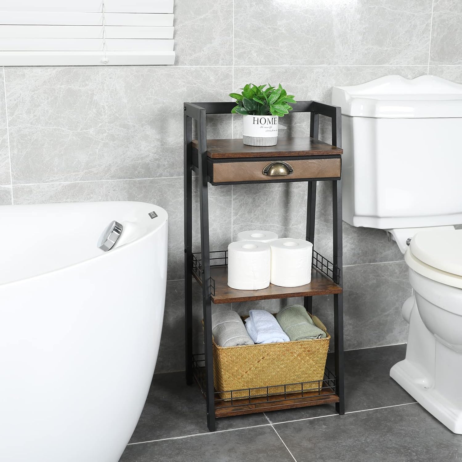 keomaisyto 3-Tier Bathroom Ladder Shelf, Bathroom Floor Storage Shelf with Drawer, Freestanding Tower Shelf, Open Shelving Unit for Bathroom Living Room Balcony - Image 5