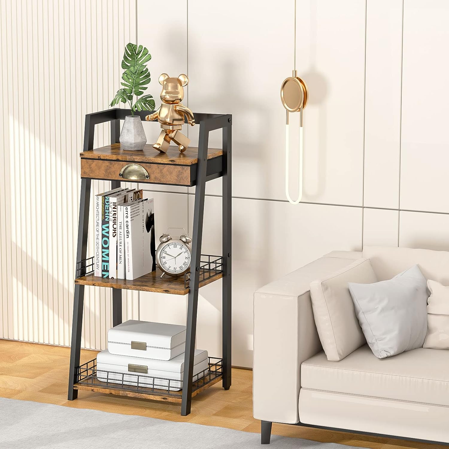 keomaisyto 3-Tier Bathroom Ladder Shelf, Bathroom Floor Storage Shelf with Drawer, Freestanding Tower Shelf, Open Shelving Unit for Bathroom Living Room Balcony - Image 7