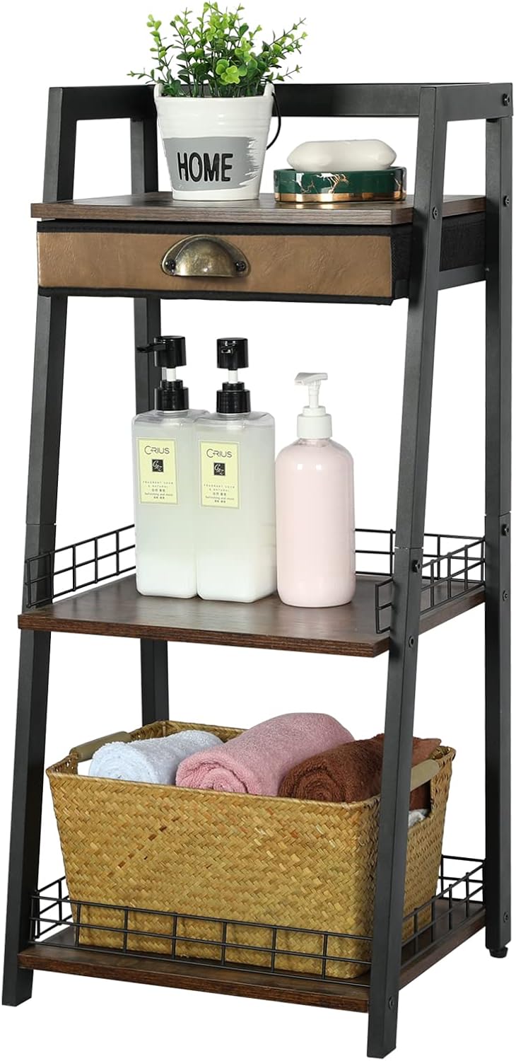 keomaisyto 3-Tier Bathroom Ladder Shelf, Bathroom Floor Storage Shelf with Drawer, Freestanding Tower Shelf, Open Shelving Unit for Bathroom Living Room Balcony