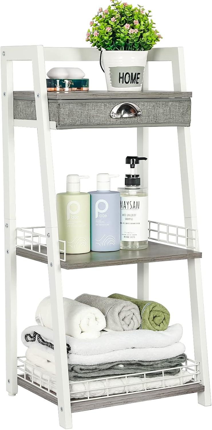 keomaisyto 3-Tier Bathroom Ladder Shelf, Bathroom Floor Storage Shelf with Drawer, Freestanding Tower Shelf, Open Shelving Unit for Bathroom Living Room Balcony - Image 11
