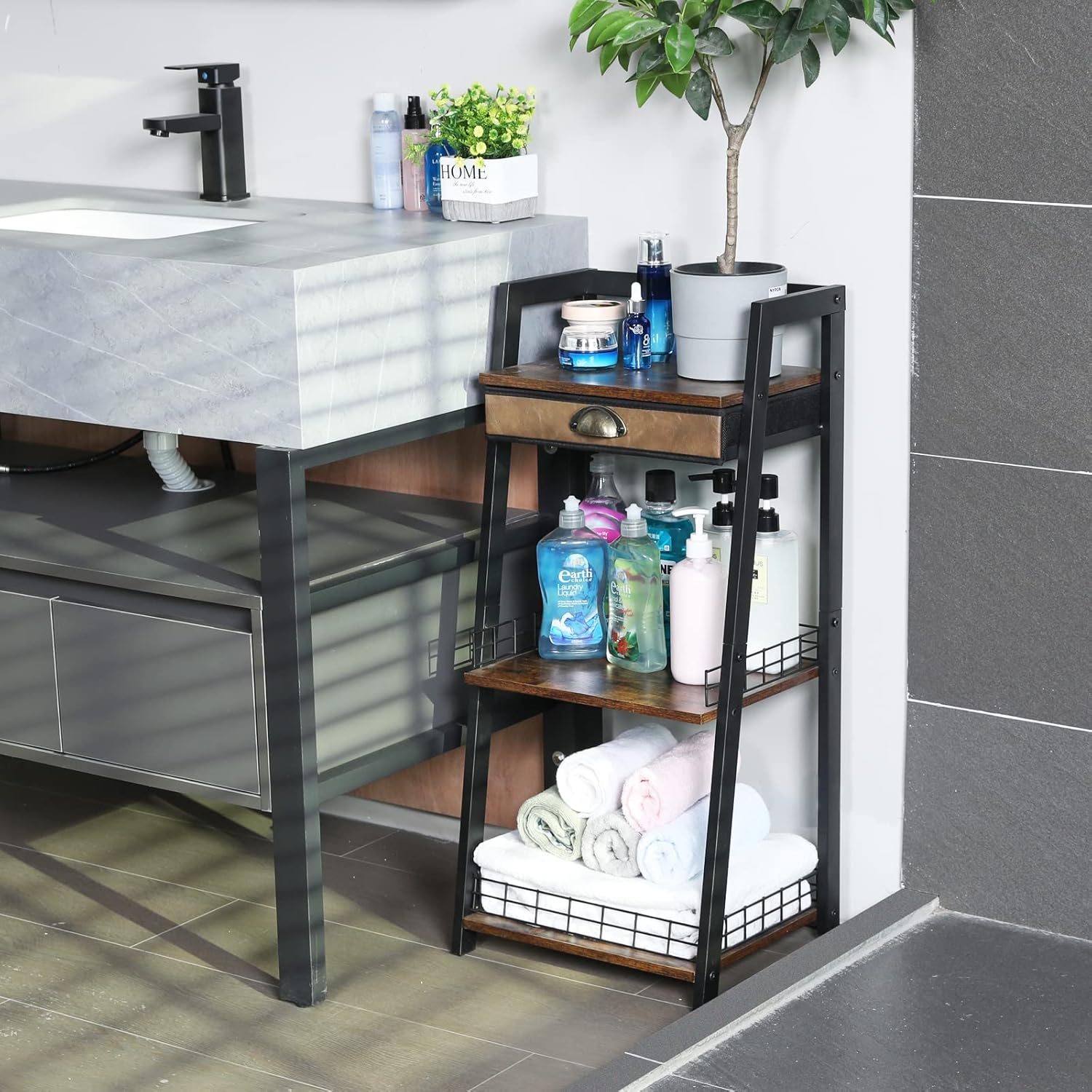 keomaisyto 3-Tier Bathroom Ladder Shelf, Bathroom Floor Storage Shelf with Drawer, Freestanding Tower Shelf, Open Shelving Unit for Bathroom Living Room Balcony - Image 8