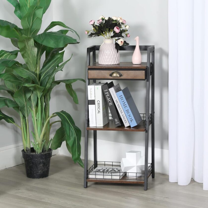 keomaisyto 3-Tier Bathroom Ladder Shelf, Bathroom Floor Storage Shelf with Drawer, Freestanding Tower Shelf, Open Shelving Unit for Bathroom Living Room Balcony - Image 6