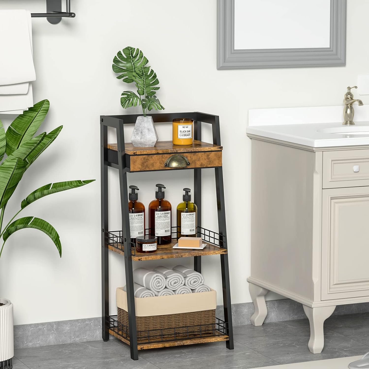 keomaisyto 3-Tier Bathroom Ladder Shelf, Bathroom Floor Storage Shelf with Drawer, Freestanding Tower Shelf, Open Shelving Unit for Bathroom Living Room Balcony - Image 2