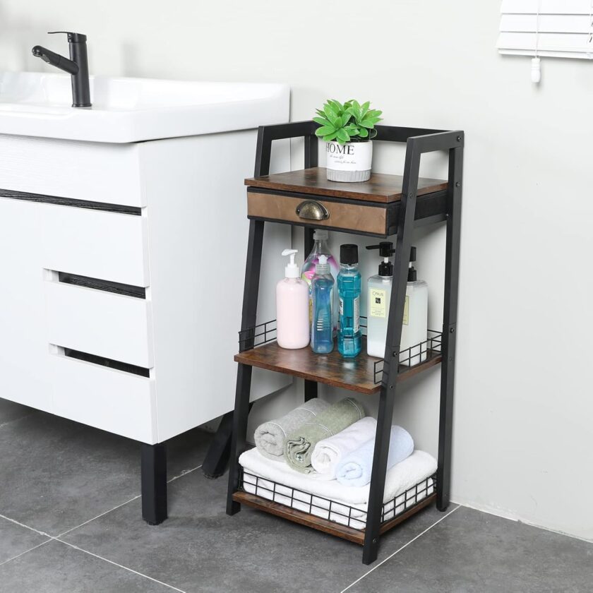 keomaisyto 3-Tier Bathroom Ladder Shelf, Bathroom Floor Storage Shelf with Drawer, Freestanding Tower Shelf, Open Shelving Unit for Bathroom Living Room Balcony - Image 9