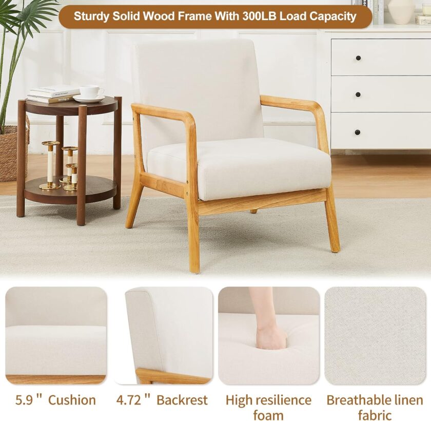 kinmars Mid Century Modern Accent Chair for Living Room Bedroom Armchair with Wooden Armrest Upholstered Arm Chair Reading Chair Comfy Linen Fabric Bedroom Chair (Beige) - Image 4